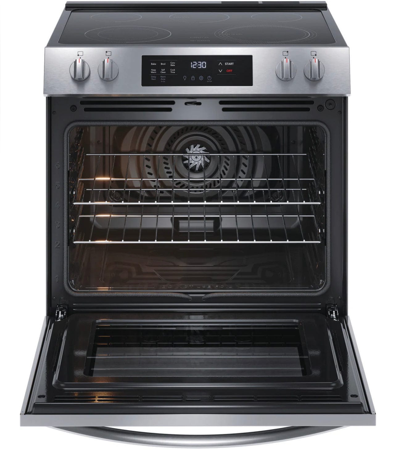 Frigidaire FCFE308CAS Range, 30" Width, Electric Range, Convection, 5 Burners, 5.3 cu. ft. Capacity, Storage Drawer, Stainless Steel
