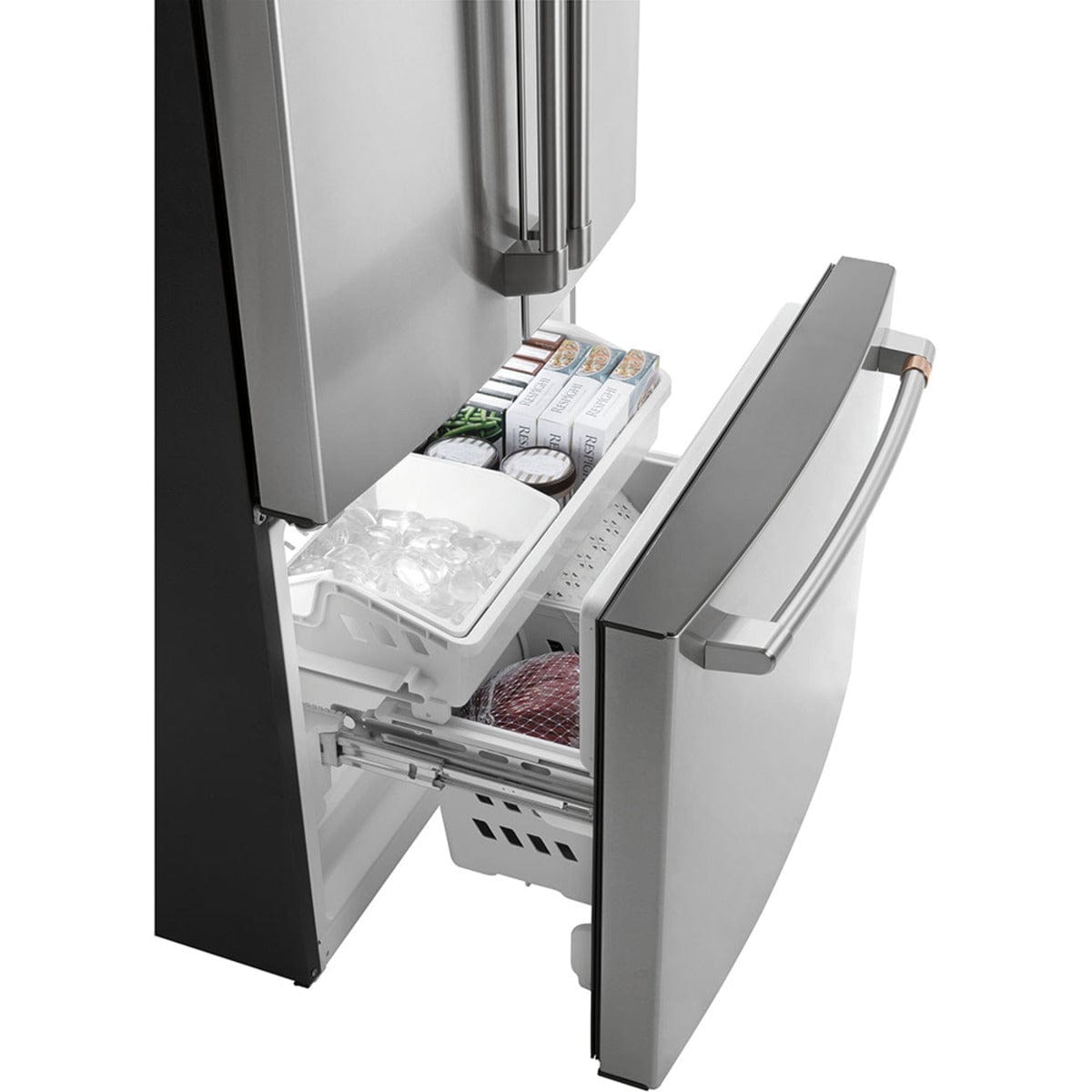 Cafe (CWE19SP2NS1) French Door Refrigerator, 33" Width, ENERGY STAR Certified, Counter Depth, 18.6 cu. ft. Capacity, Freezer Located Ice Dispenser, Interior Water Dispenser, LED Lighting, Stainless Steel colour Turbo Cool, Quick Space Shelves