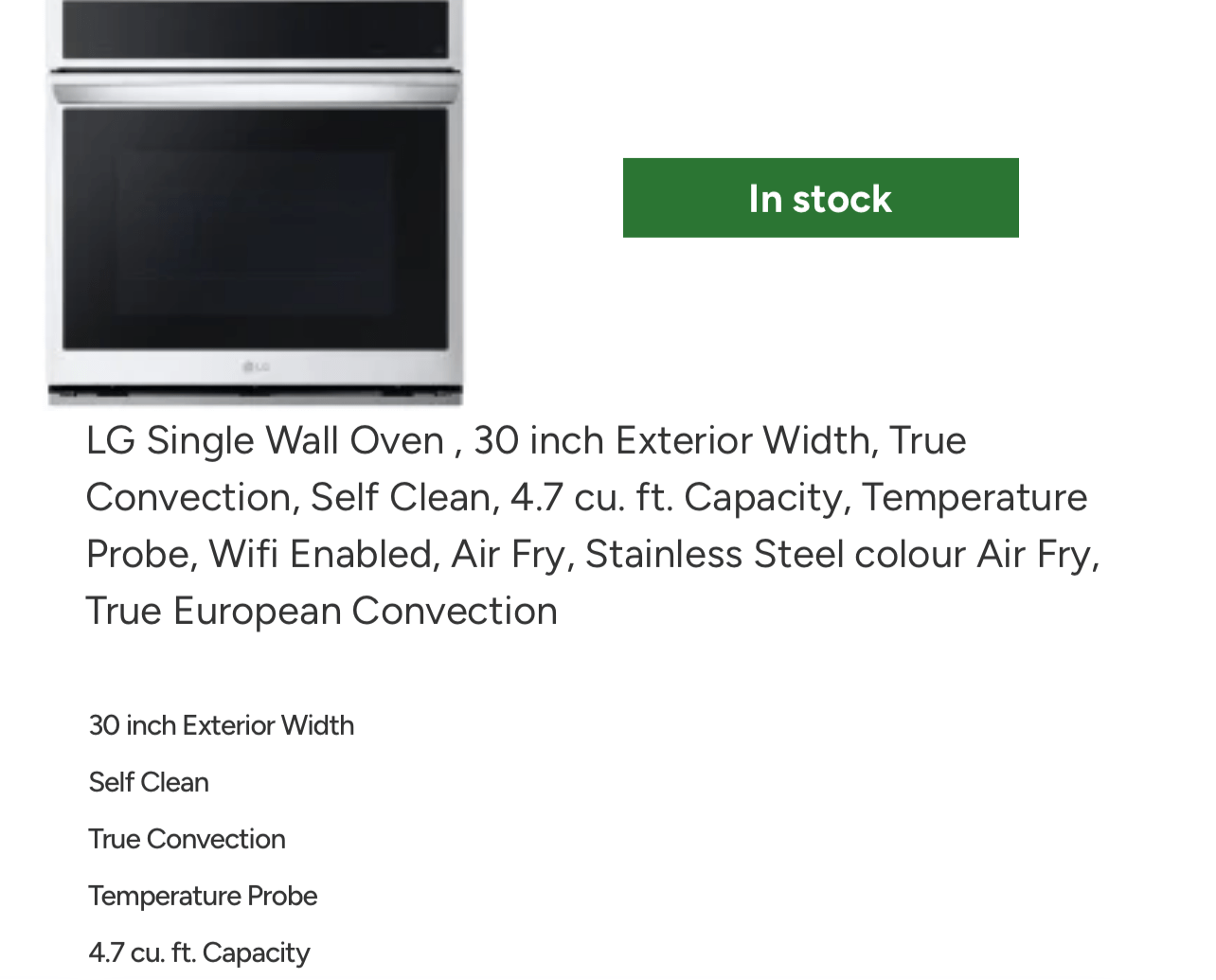 LG WSEP4727F Single Wall Oven, 30 inch Exterior Width, True Convection, Self Clean, 4.7 cu. ft. Capacity, Temperature Probe, Wifi Enabled, Air Fry, Stainless Steel colour Air Fry, True European Convection