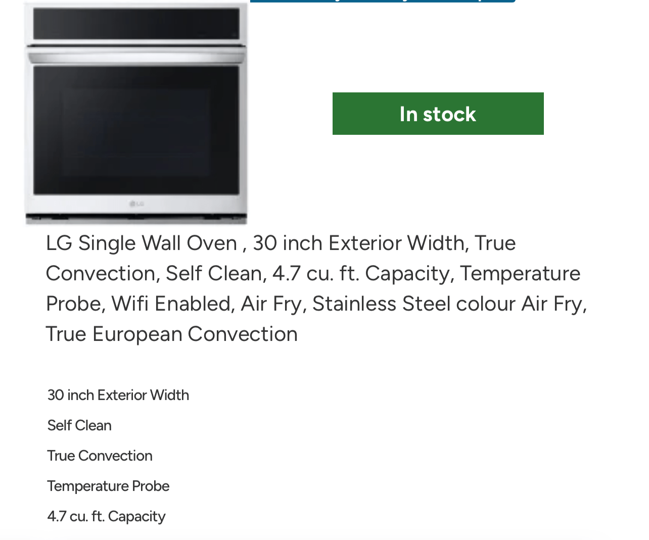 LG WSEP4727F Single Wall Oven, 30 inch Exterior Width, True Convection, Self Clean, 4.7 cu. ft. Capacity, Temperature Probe, Wifi Enabled, Air Fry, Stainless Steel colour Air Fry, True European Convection