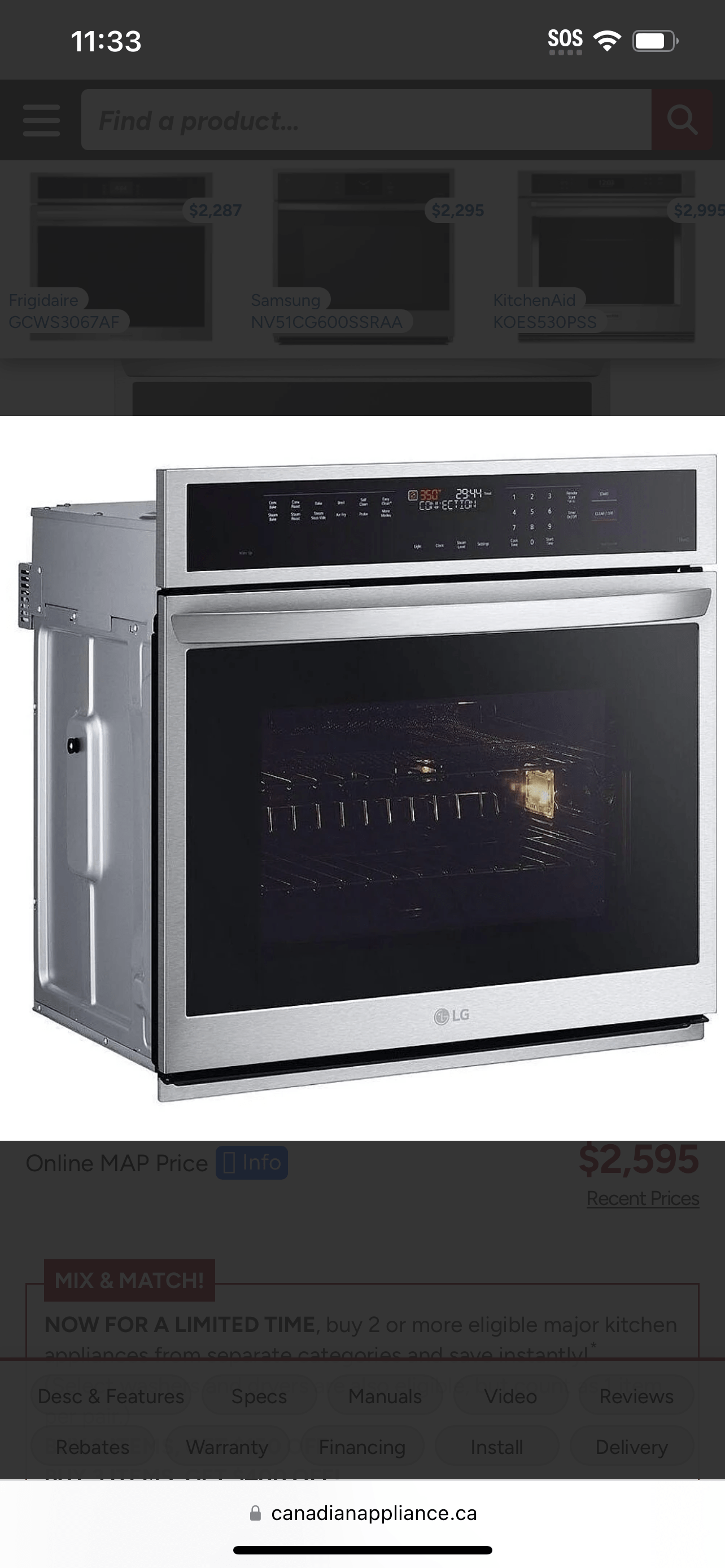LG WSEP4727F Single Wall Oven, 30 inch Exterior Width, True Convection, Self Clean, 4.7 cu. ft. Capacity, Temperature Probe, Wifi Enabled, Air Fry, Stainless Steel colour Air Fry, True European Convection
