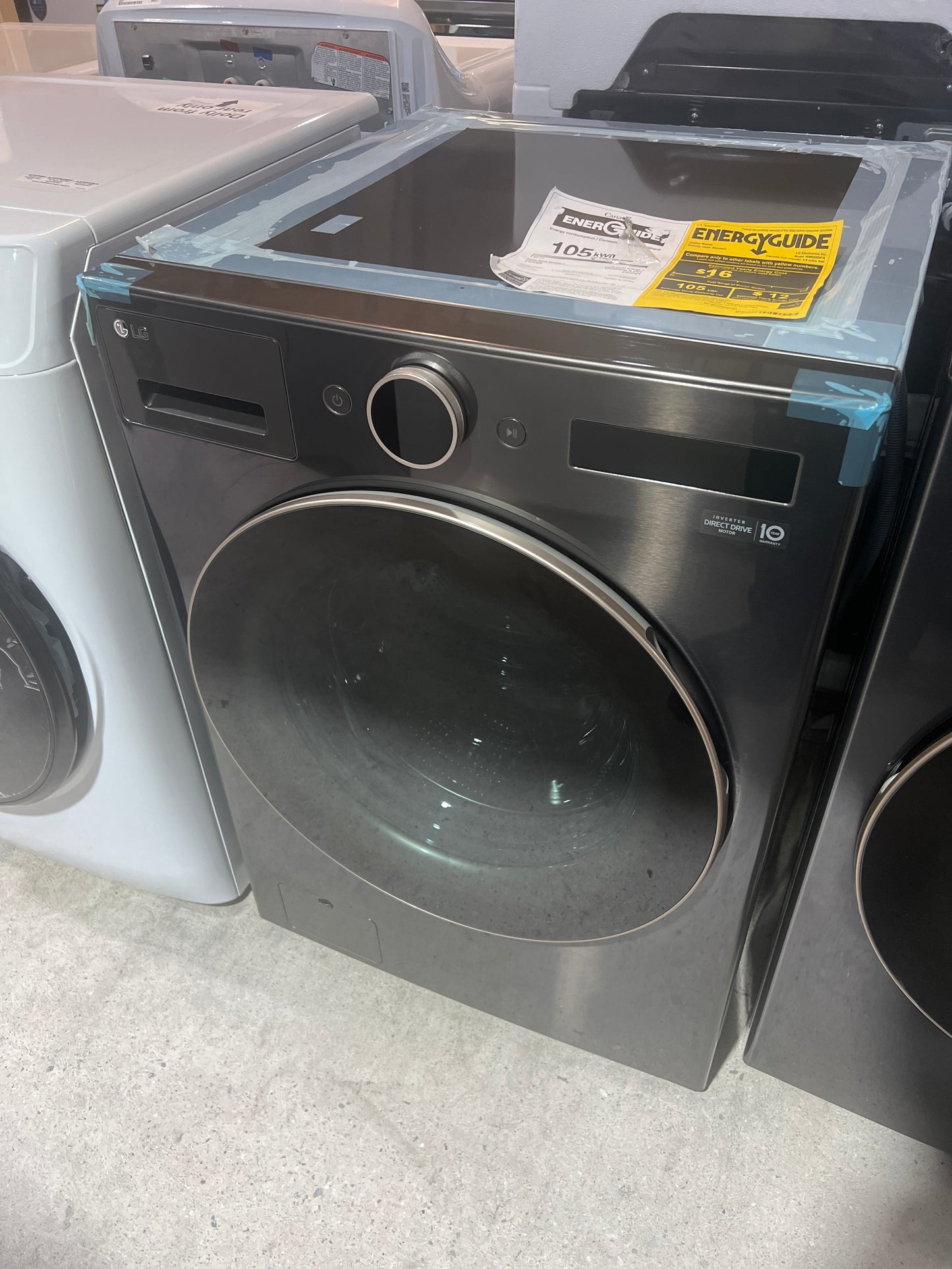 LG WM6500HBA Front Load Washer, 27 inch Width, ENERGY STAR Certified, 5.8 cu. ft. Capacity, Steam Clean, 25 Wash Cycles, 5 Temperature Settings, Stackable, 1300 RPM Washer Spin Speed, Wifi Enabled, Black Stainless Steel colour TurboWash 360, AI DD