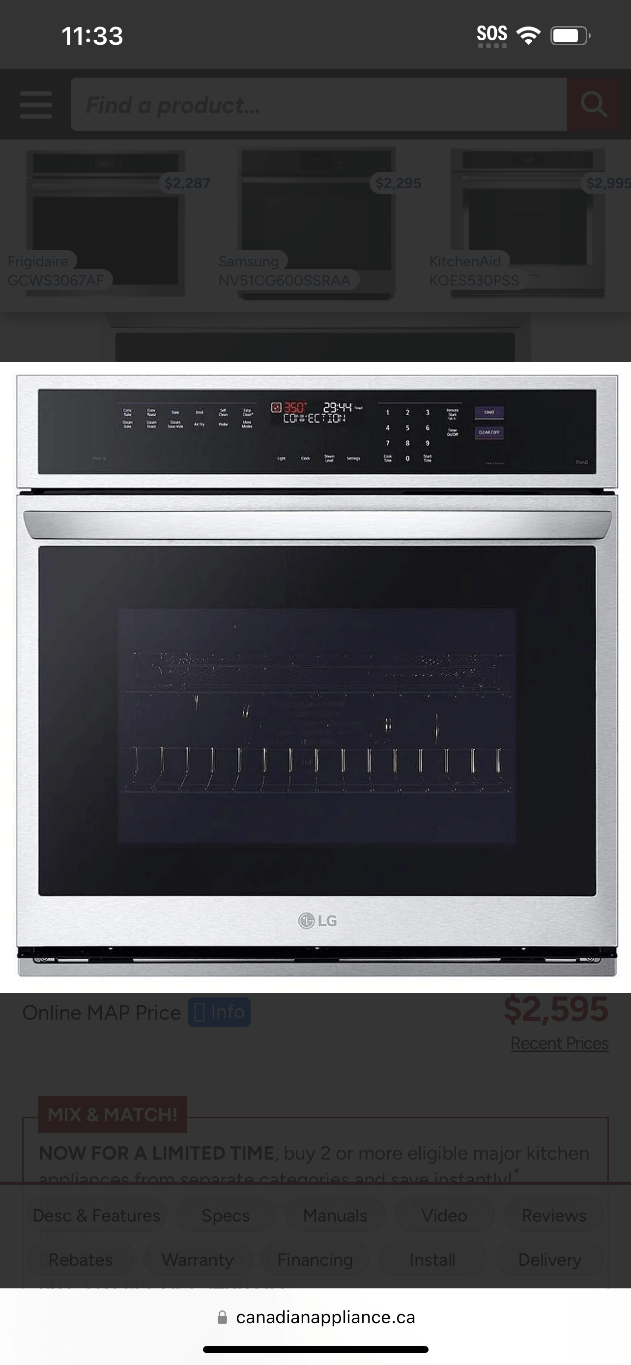 LG WSEP4727F Single Wall Oven, 30 inch Exterior Width, True Convection, Self Clean, 4.7 cu. ft. Capacity, Temperature Probe, Wifi Enabled, Air Fry, Stainless Steel colour Air Fry, True European Convection