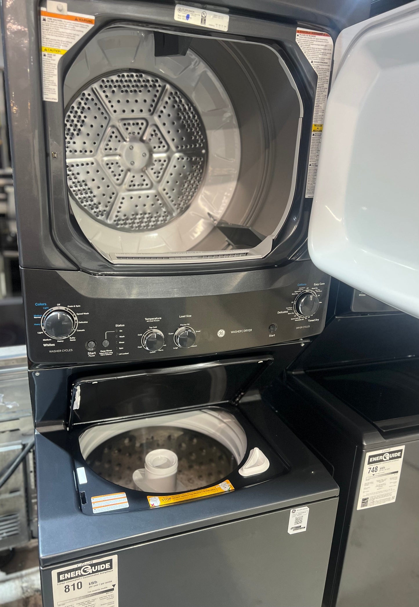 GE GUD37ESMMDG Laundry Center, 27" Width, 5.9 Cu. Ft. Capacity (Dryers), Electric, 27" Exterior Width, Capacity, 11 Wash Cycles, 800 RPM Washer Spin Speed, 4.4 Washer Capacity, Diamond Grey colour Contains Agitator RF