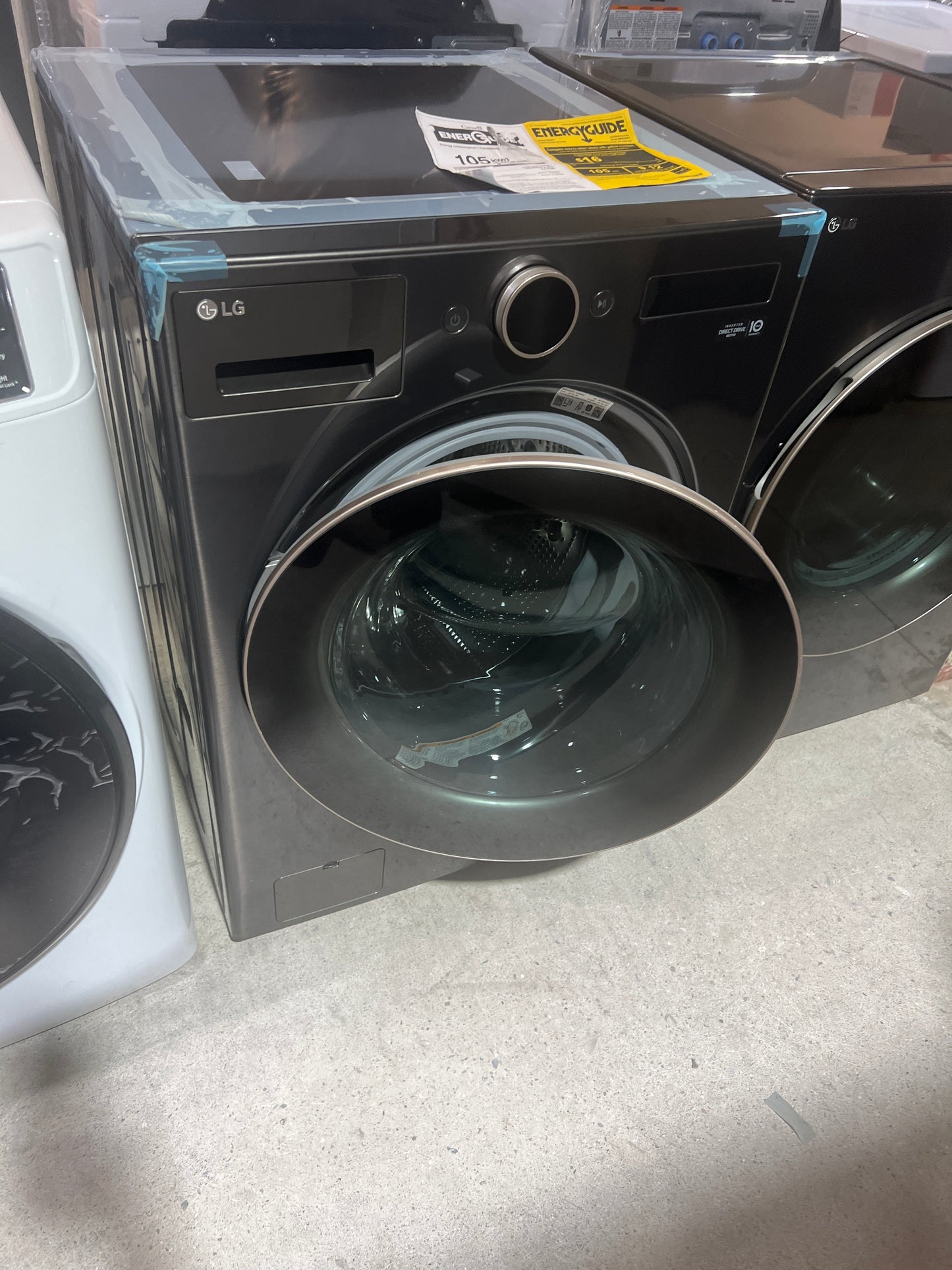 LG WM6500HBA Front Load Washer, 27 inch Width, ENERGY STAR Certified, 5.8 cu. ft. Capacity, Steam Clean, 25 Wash Cycles, 5 Temperature Settings, Stackable, 1300 RPM Washer Spin Speed, Wifi Enabled, Black Stainless Steel colour TurboWash 360, AI DD