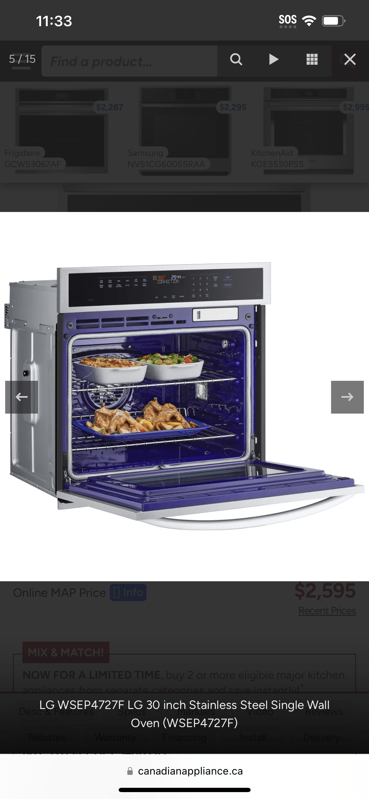 LG WSEP4727F Single Wall Oven, 30 inch Exterior Width, True Convection, Self Clean, 4.7 cu. ft. Capacity, Temperature Probe, Wifi Enabled, Air Fry, Stainless Steel colour Air Fry, True European Convection