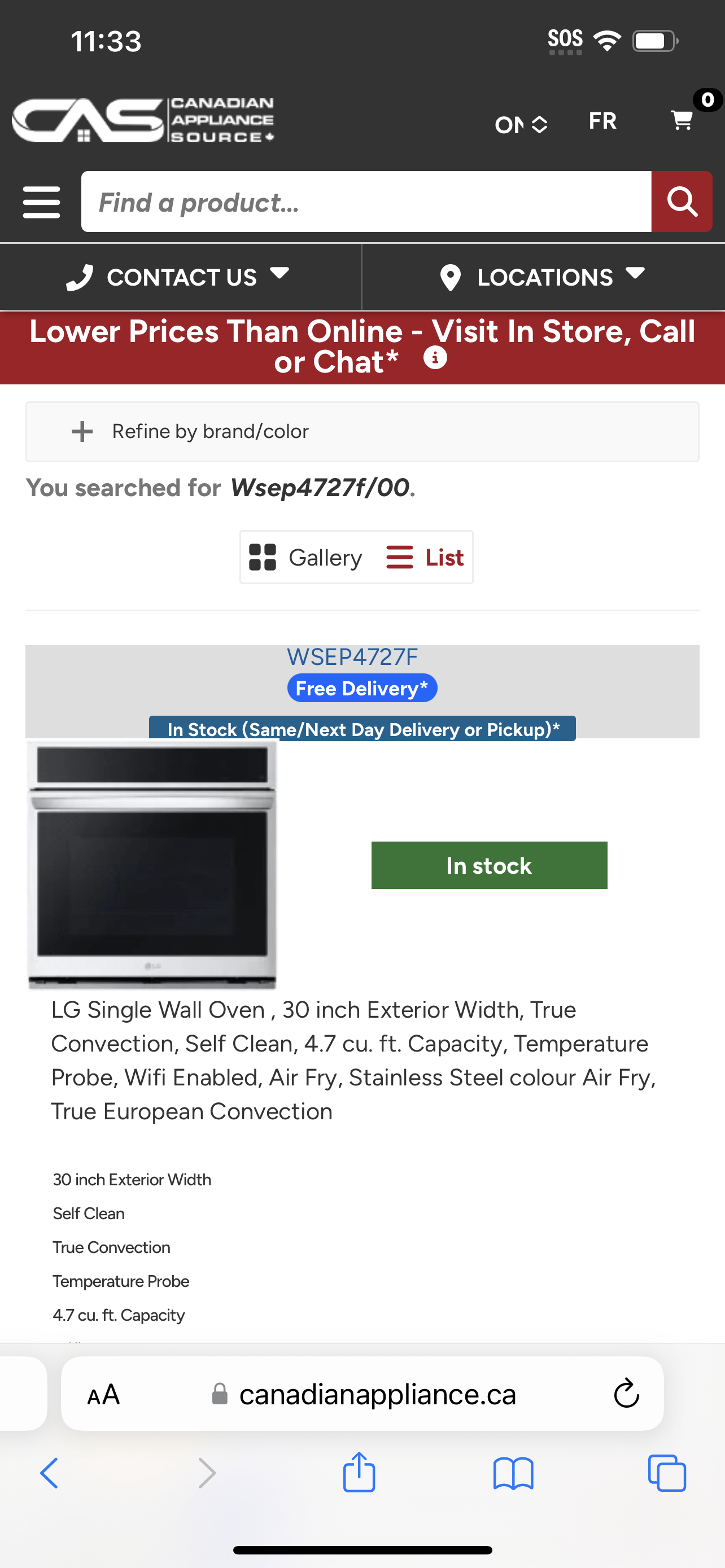 LG WSEP4727F Single Wall Oven, 30 inch Exterior Width, True Convection, Self Clean, 4.7 cu. ft. Capacity, Temperature Probe, Wifi Enabled, Air Fry, Stainless Steel colour Air Fry, True European Convection