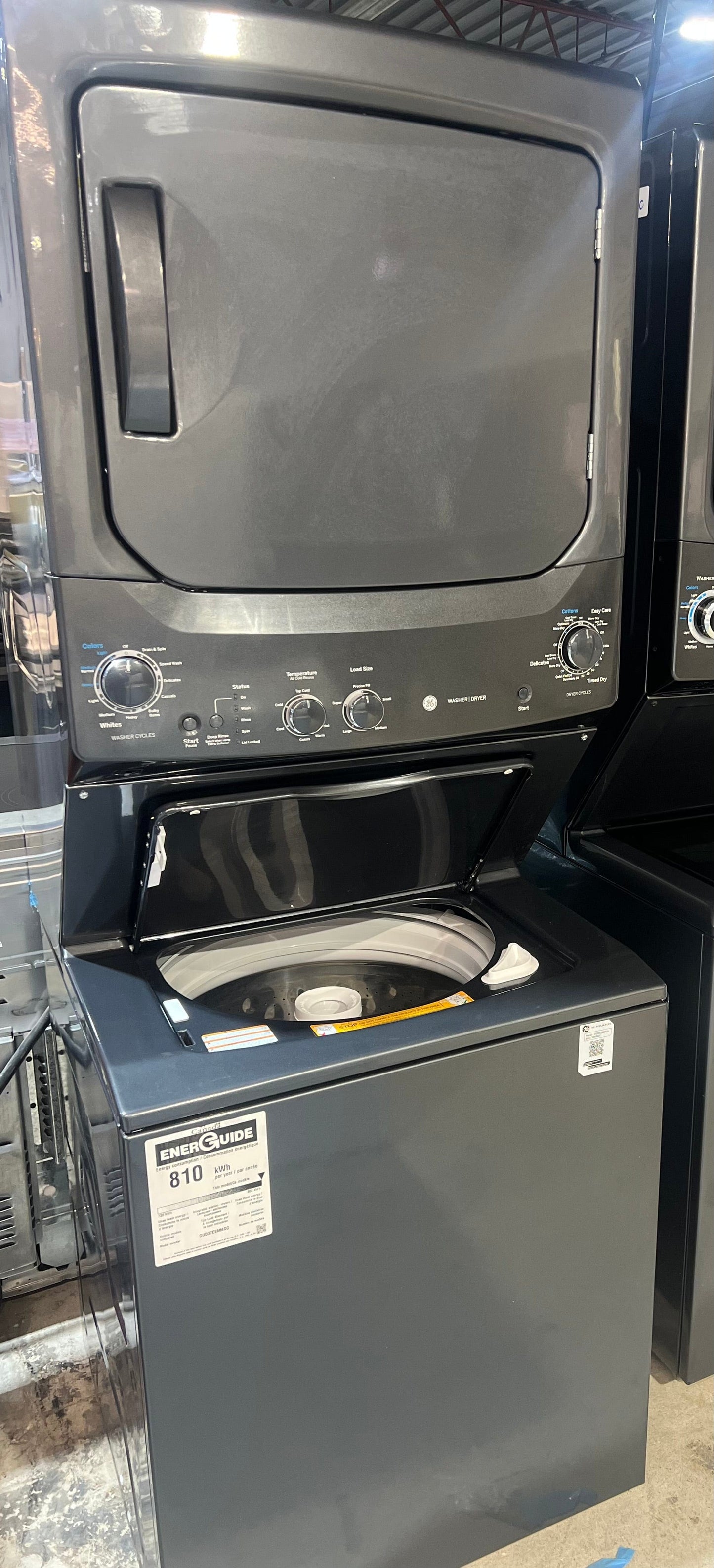 GE GUD37ESMMDG Laundry Center, 27" Width, 5.9 Cu. Ft. Capacity (Dryers), Electric, 27" Exterior Width, Capacity, 11 Wash Cycles, 800 RPM Washer Spin Speed, 4.4 Washer Capacity, Diamond Grey colour Contains Agitator RF