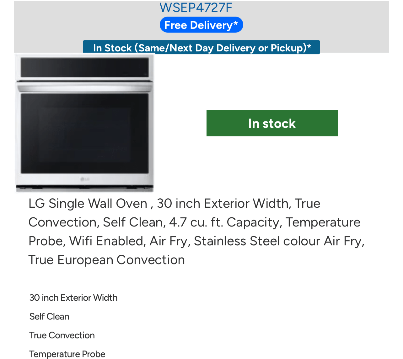 LG WSEP4727F Single Wall Oven, 30 inch Exterior Width, True Convection, Self Clean, 4.7 cu. ft. Capacity, Temperature Probe, Wifi Enabled, Air Fry, Stainless Steel colour Air Fry, True European Convection