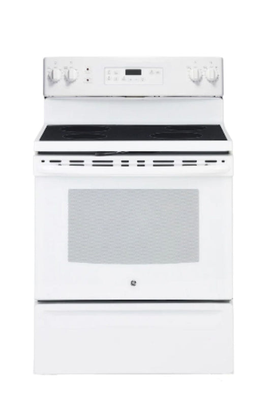 GE JCB630DKWW Range, 30" Exterior Width, Electric Range, Self Clean, Glass Burners (Electric), 4 Burners, 5.0 cu. ft. Capacity, Storage Drawer, 1 Ovens, 2000W, Rear Controls, White colour RF