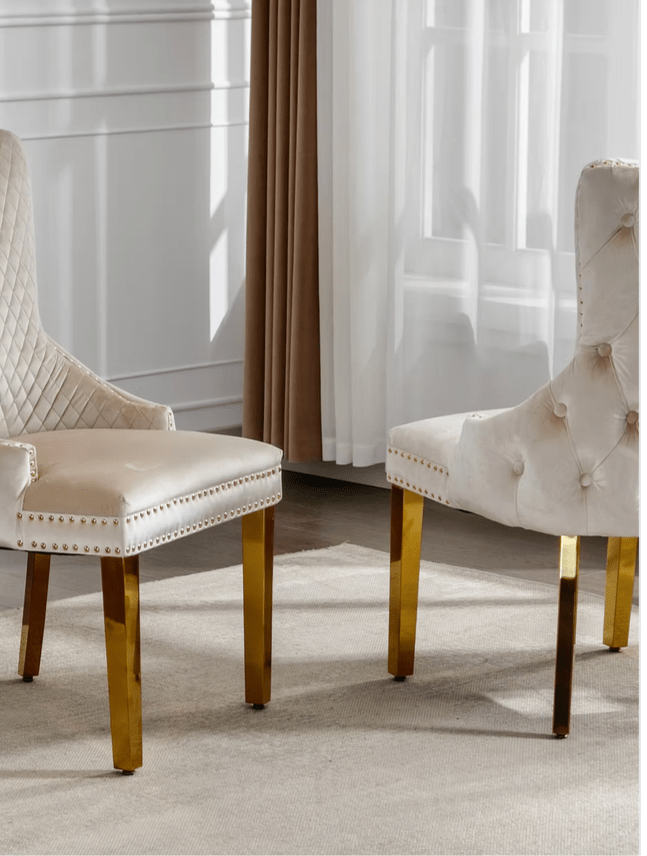 Ceramic Marble Top With Stainless Gold Legs
Creme Velvet Dining Chair with Large Knocker,