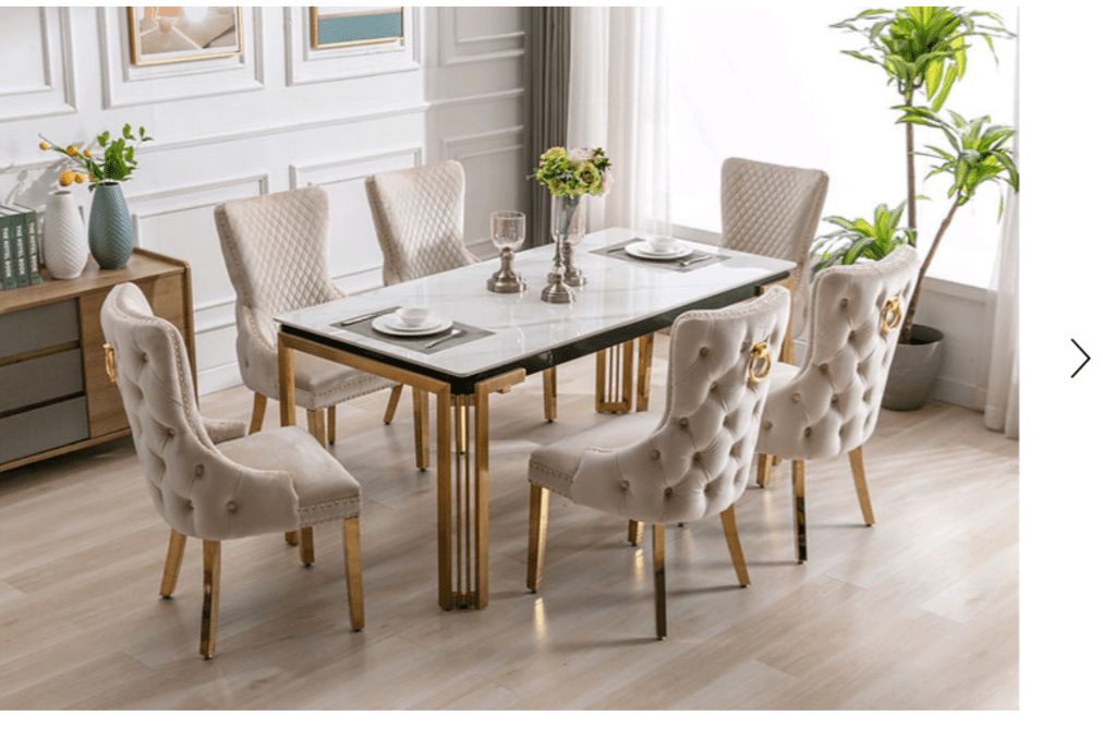 Ceramic Marble Top With Stainless Gold Legs
Creme Velvet Dining Chair with Large Knocker,
