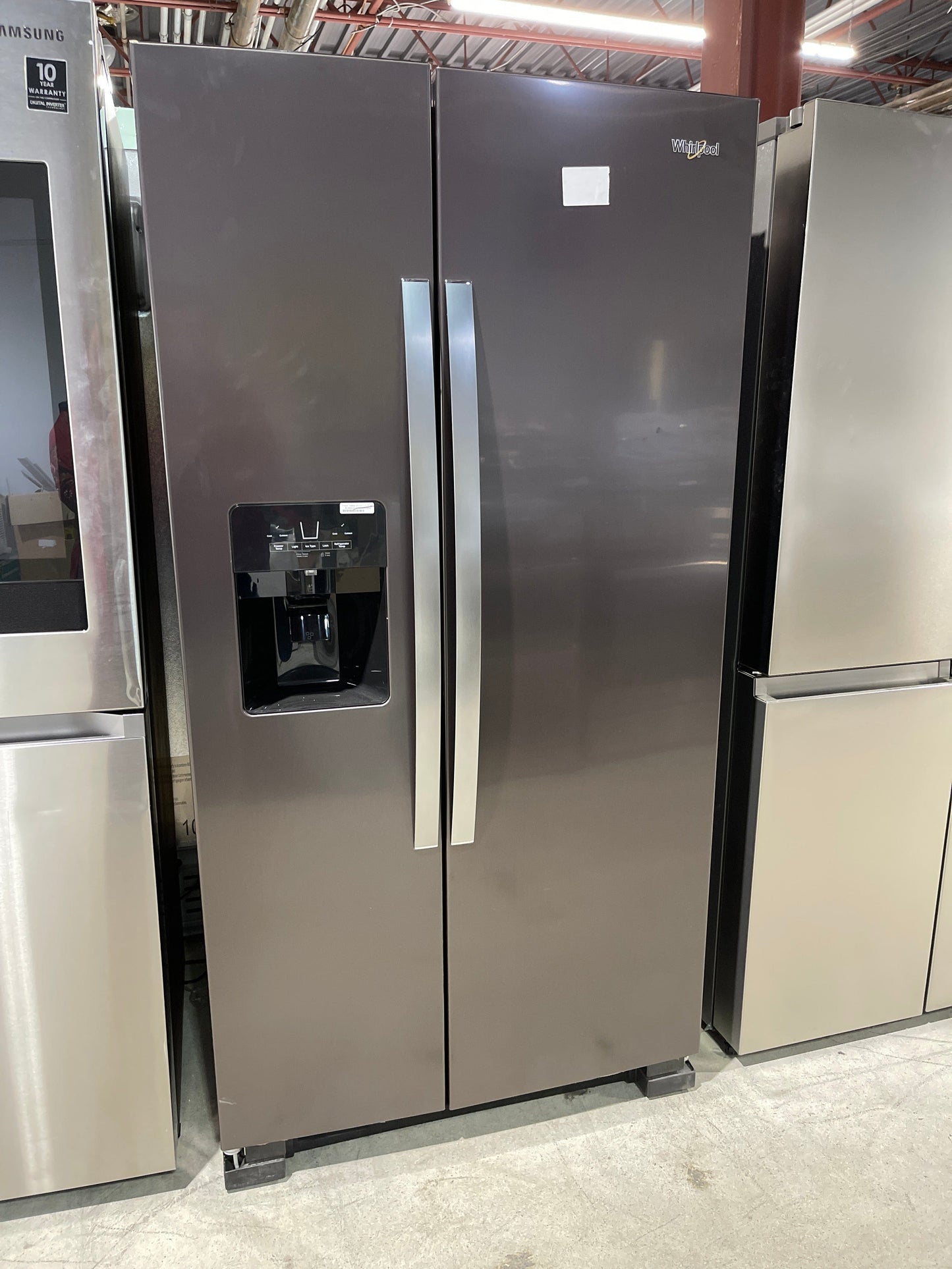 Whirlpool WRS325SDHV Side by Side Refrigerator, 36 inch Width, Ice Dispenser (Thru Door), Water Dispenser (Exterior), 25 cu. ft. Capacity, Black Stainless Steel color