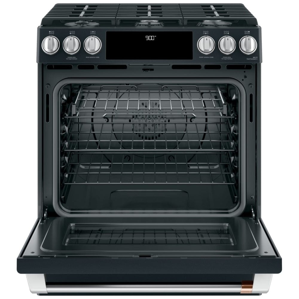 Cafe Dual Fuel Range, 30" Exterior Width, Self Clean, Convection, 6 Burners, 5.6 cu. ft. Capacity, Warming Drawer, 1 Ovens, Matte Black. (CC2S900P3M2D1/CC2S900P3MD1)