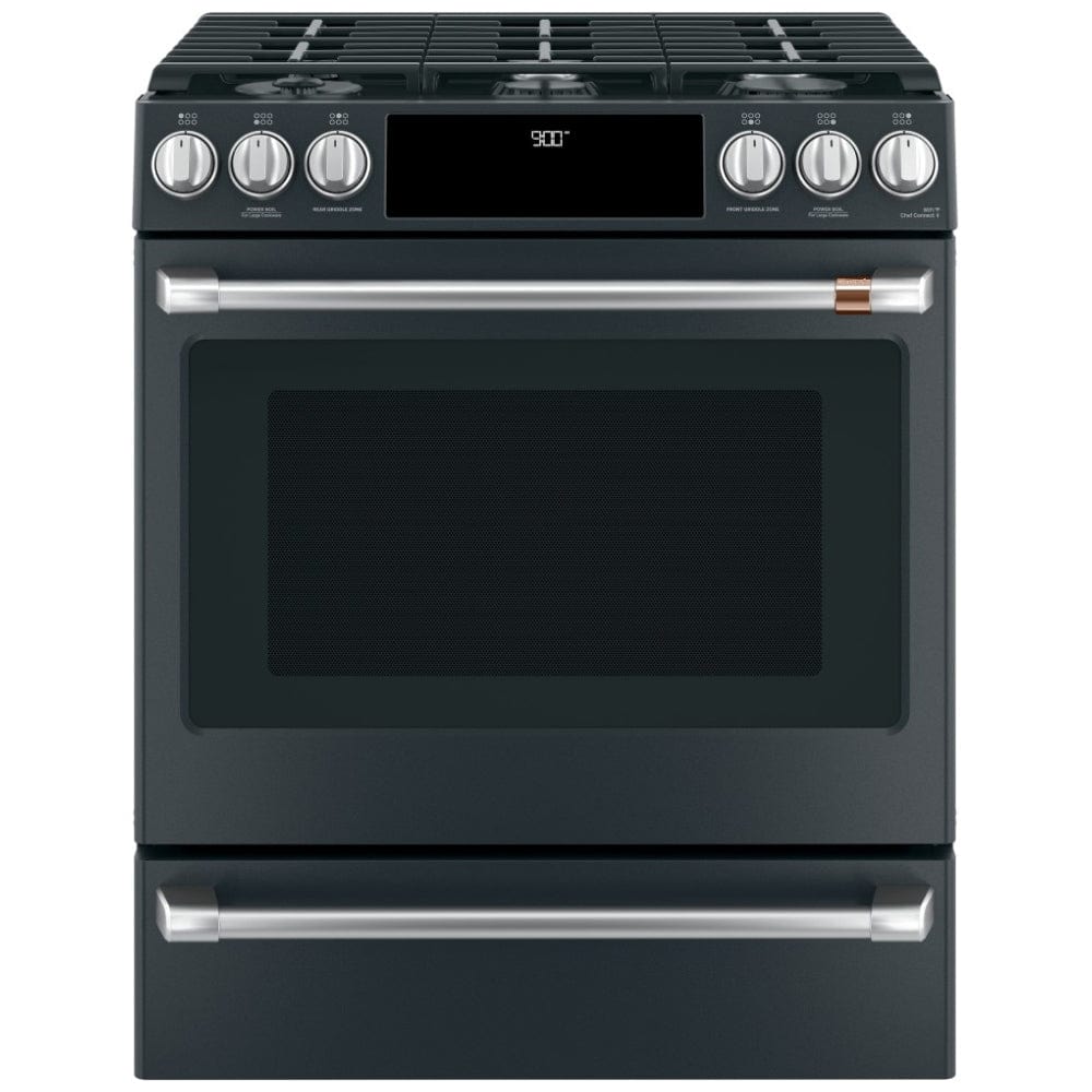 Cafe Dual Fuel Range, 30" Exterior Width, Self Clean, Convection, 6 Burners, 5.6 cu. ft. Capacity, Warming Drawer, 1 Ovens, Matte Black. (CC2S900P3M2D1/CC2S900P3MD1)