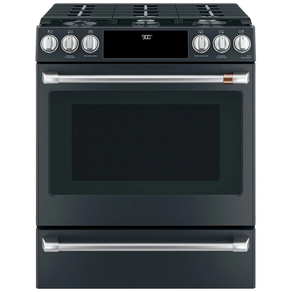 Cafe Dual Fuel Range, 30" Exterior Width, Self Clean, Convection, 6 Burners, 5.6 cu. ft. Capacity, Warming Drawer, 1 Ovens, Matte Black. (CC2S900P3M2D1/CC2S900P3MD1)
