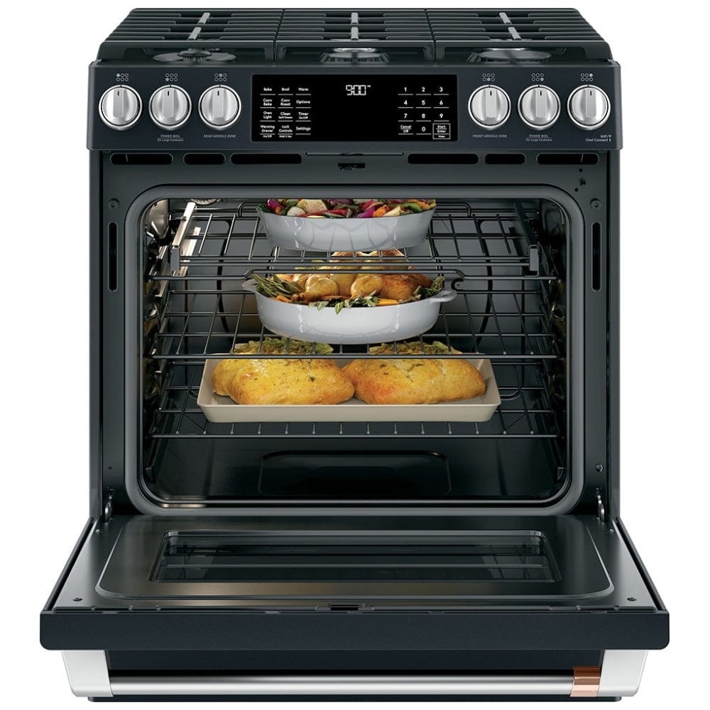 Cafe Dual Fuel Range, 30" Exterior Width, Self Clean, Convection, 6 Burners, 5.6 cu. ft. Capacity, Warming Drawer, 1 Ovens, Matte Black. (CC2S900P3M2D1/CC2S900P3MD1)