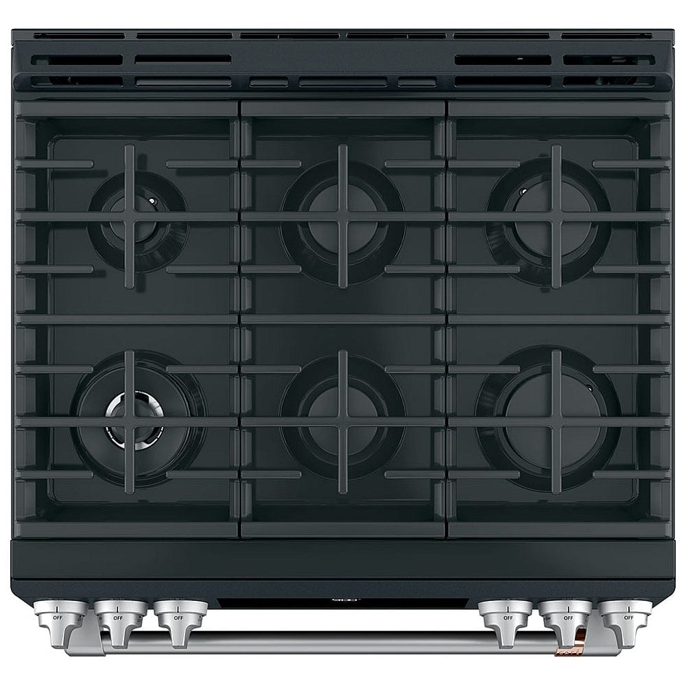 Cafe Dual Fuel Range, 30" Exterior Width, Self Clean, Convection, 6 Burners, 5.6 cu. ft. Capacity, Warming Drawer, 1 Ovens, Matte Black. (CC2S900P3M2D1/CC2S900P3MD1)