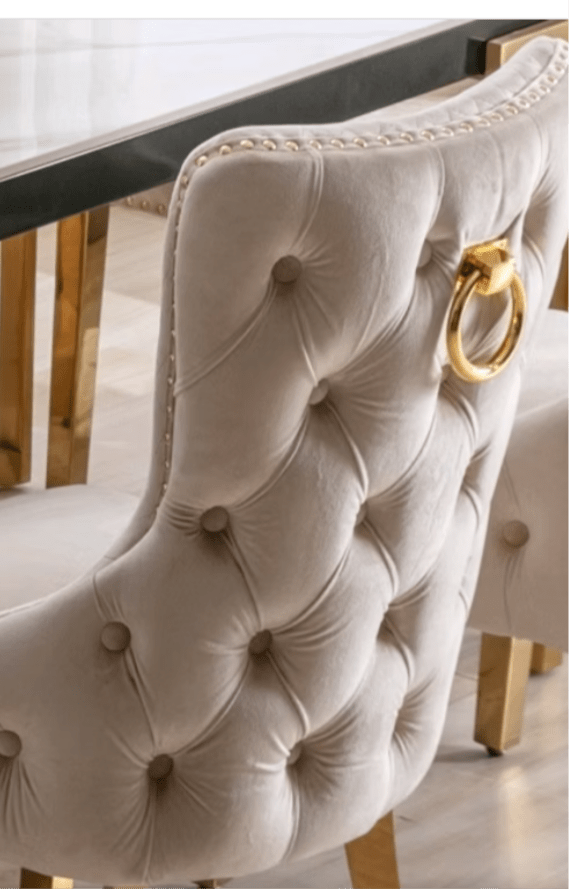 Ceramic Marble Top With Stainless Gold Legs
Creme Velvet Dining Chair with Large Knocker,