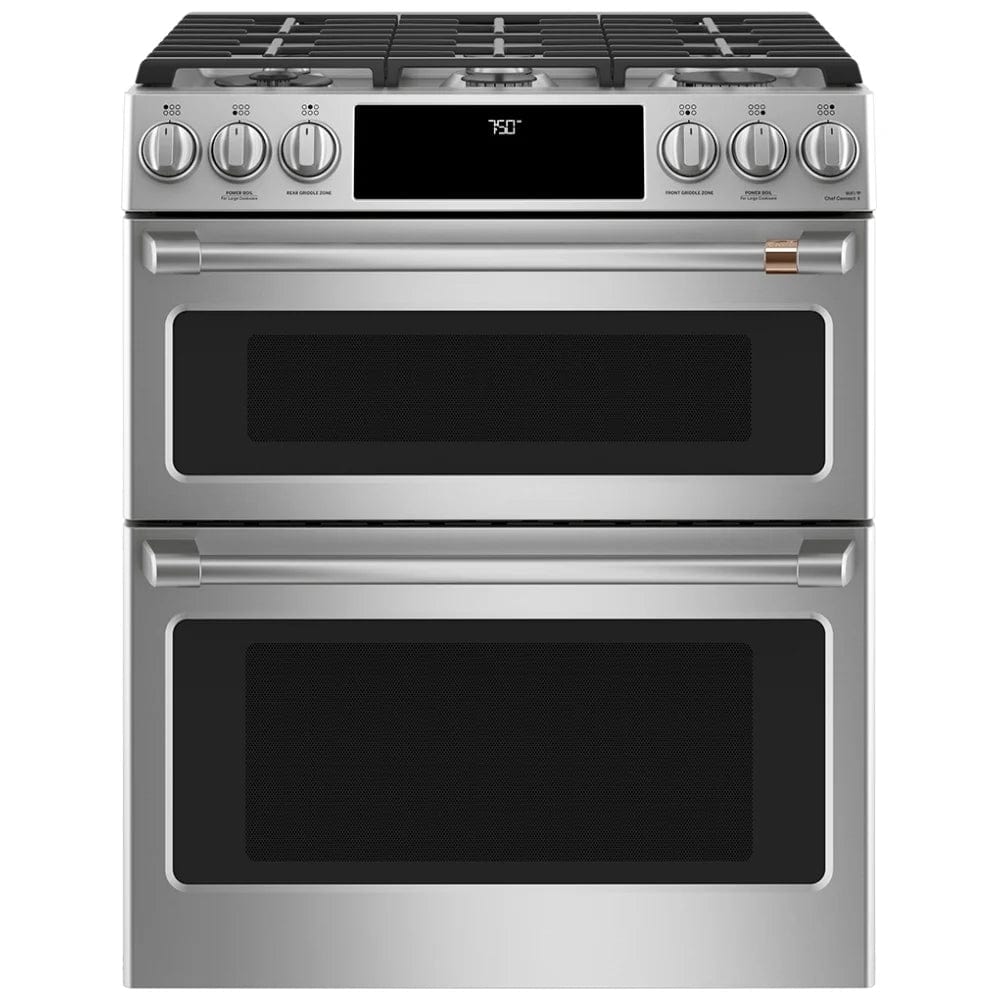 Cafe CCGS750P2MS1 Gas Range, 30 inch Exterior Width, Self Clean, Convection, 6 Burners, 7.0 cu. ft. Capacity, 2 Ovens, Stainless Steel colour True European Convection, Self Clean Racks, Griddle