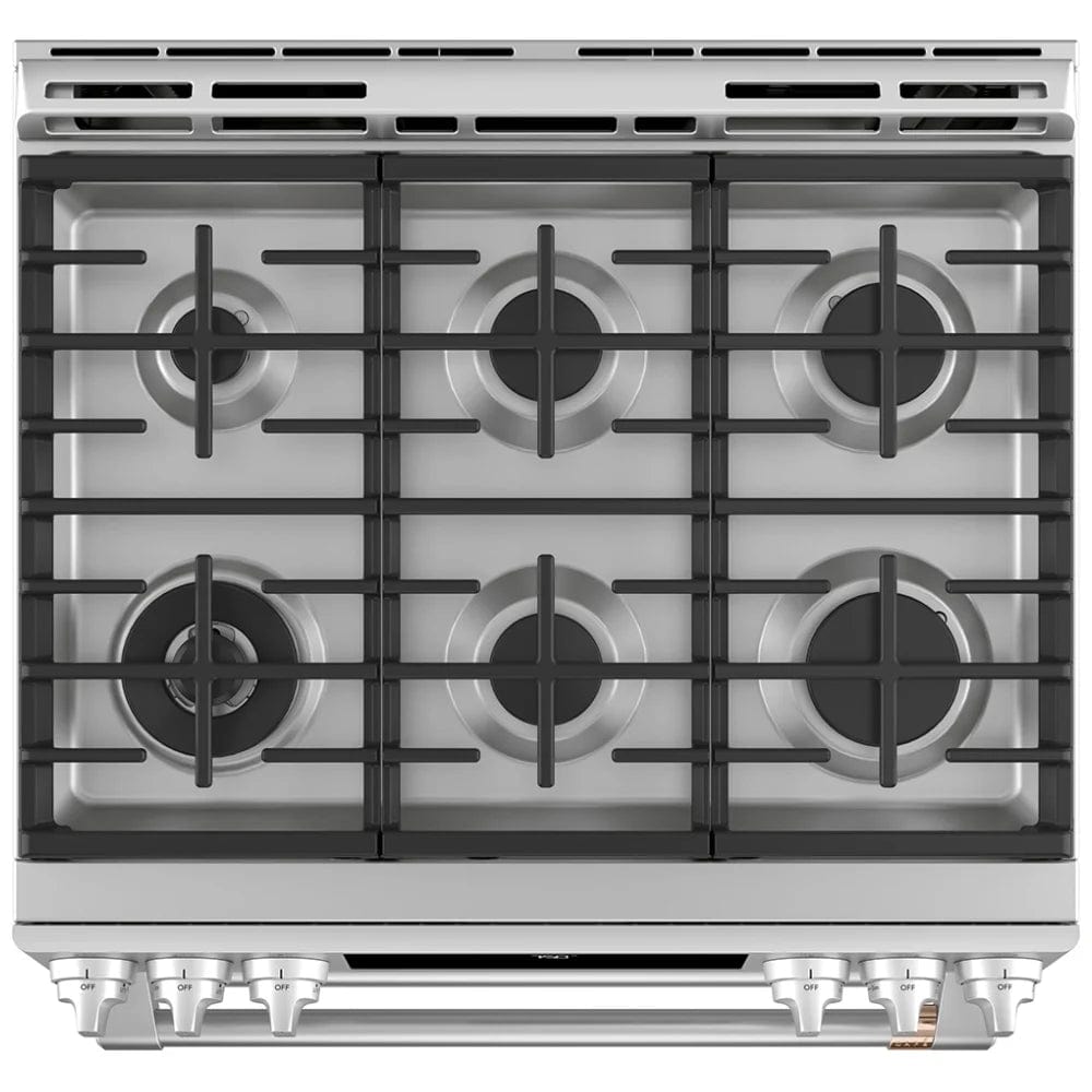 Cafe CCGS750P2MS1 Gas Range, 30 inch Exterior Width, Self Clean, Convection, 6 Burners, 7.0 cu. ft. Capacity, 2 Ovens, Stainless Steel colour True European Convection, Self Clean Racks, Griddle