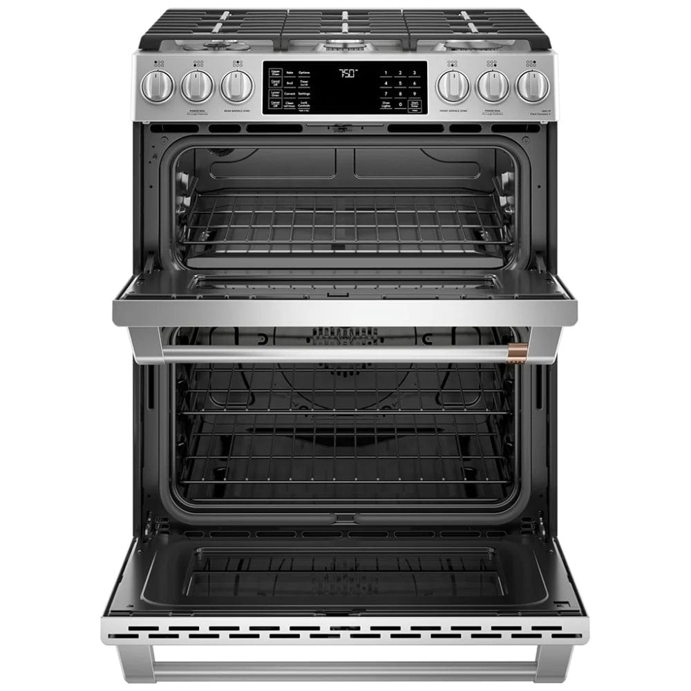 Cafe CCGS750P2MS1 Gas Range, 30 inch Exterior Width, Self Clean, Convection, 6 Burners, 7.0 cu. ft. Capacity, 2 Ovens, Stainless Steel colour True European Convection, Self Clean Racks, Griddle