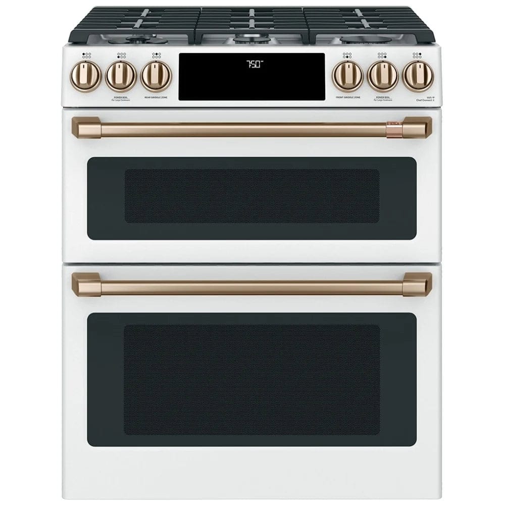 Cafe CCGS750P4MW2 Gas Range, 30 inch Exterior Width, Self Clean, Convection, 6 Burners, 6.7 cu. ft. Capacity, 2 Ovens, Matte White colour True European Convection, Self Clean Racks