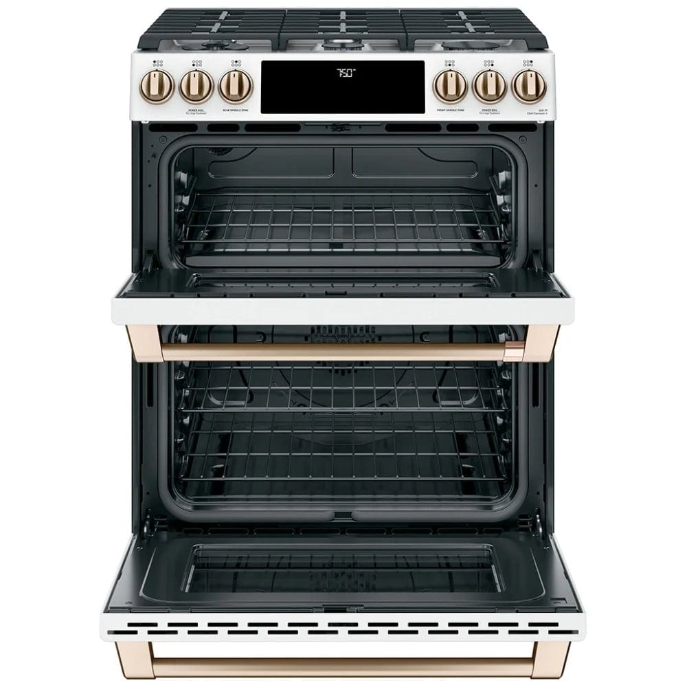 Cafe CCGS750P4MW2 Gas Range, 30 inch Exterior Width, Self Clean, Convection, 6 Burners, 6.7 cu. ft. Capacity, 2 Ovens, Matte White colour True European Convection, Self Clean Racks