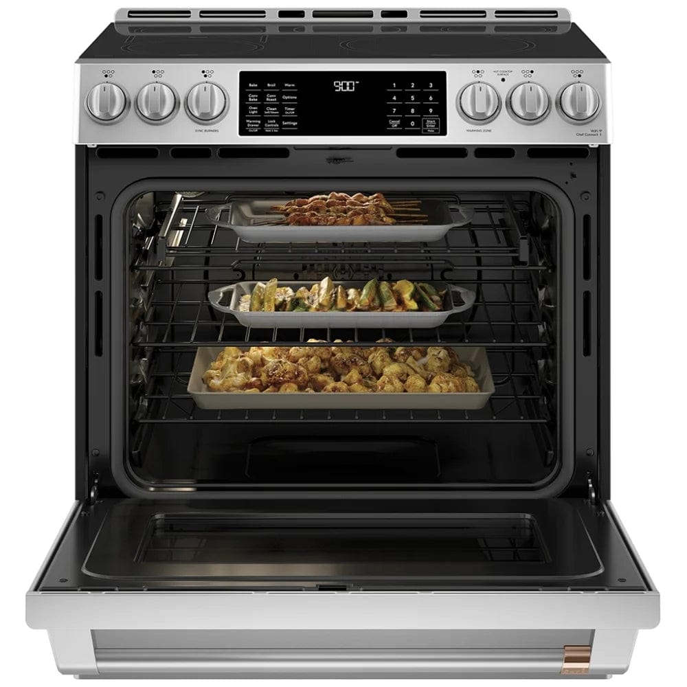 Cafe CCHS900P2MS1 Induction Range, 5.7 cu. ft. Capacity, 30 inch Exterior Width, Self Clean, True Convection, 5 Burners, Warming Drawer, Air Fry, 3,700 Watts Highest Burner Element, Stainless Steel colour Telescopic Gliding Extension Rack, True European C