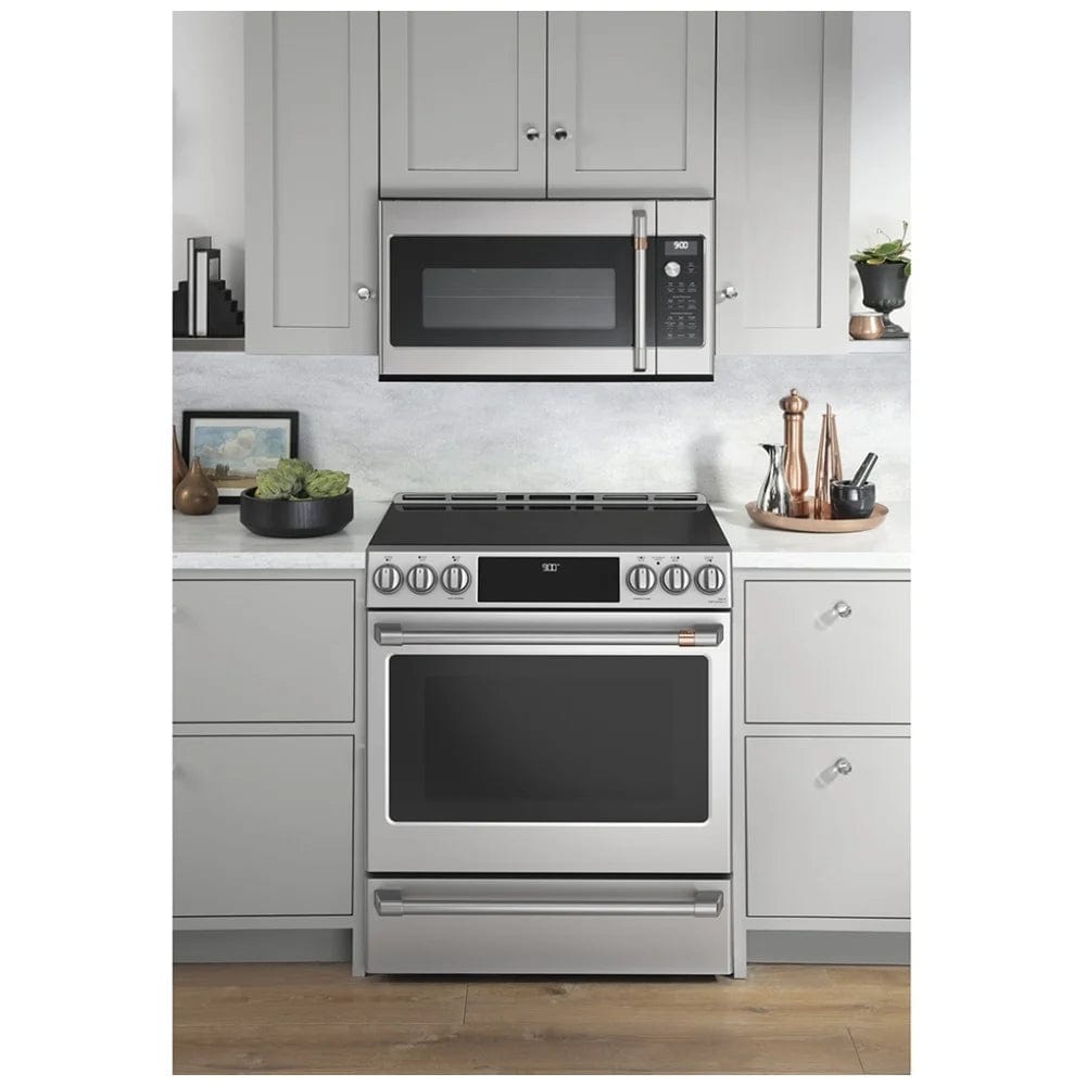 Cafe CCHS900P2MS1 Induction Range, 5.7 cu. ft. Capacity, 30 inch Exterior Width, Self Clean, True Convection, 5 Burners, Warming Drawer, Air Fry, 3,700 Watts Highest Burner Element, Stainless Steel colour Telescopic Gliding Extension Rack, True European C