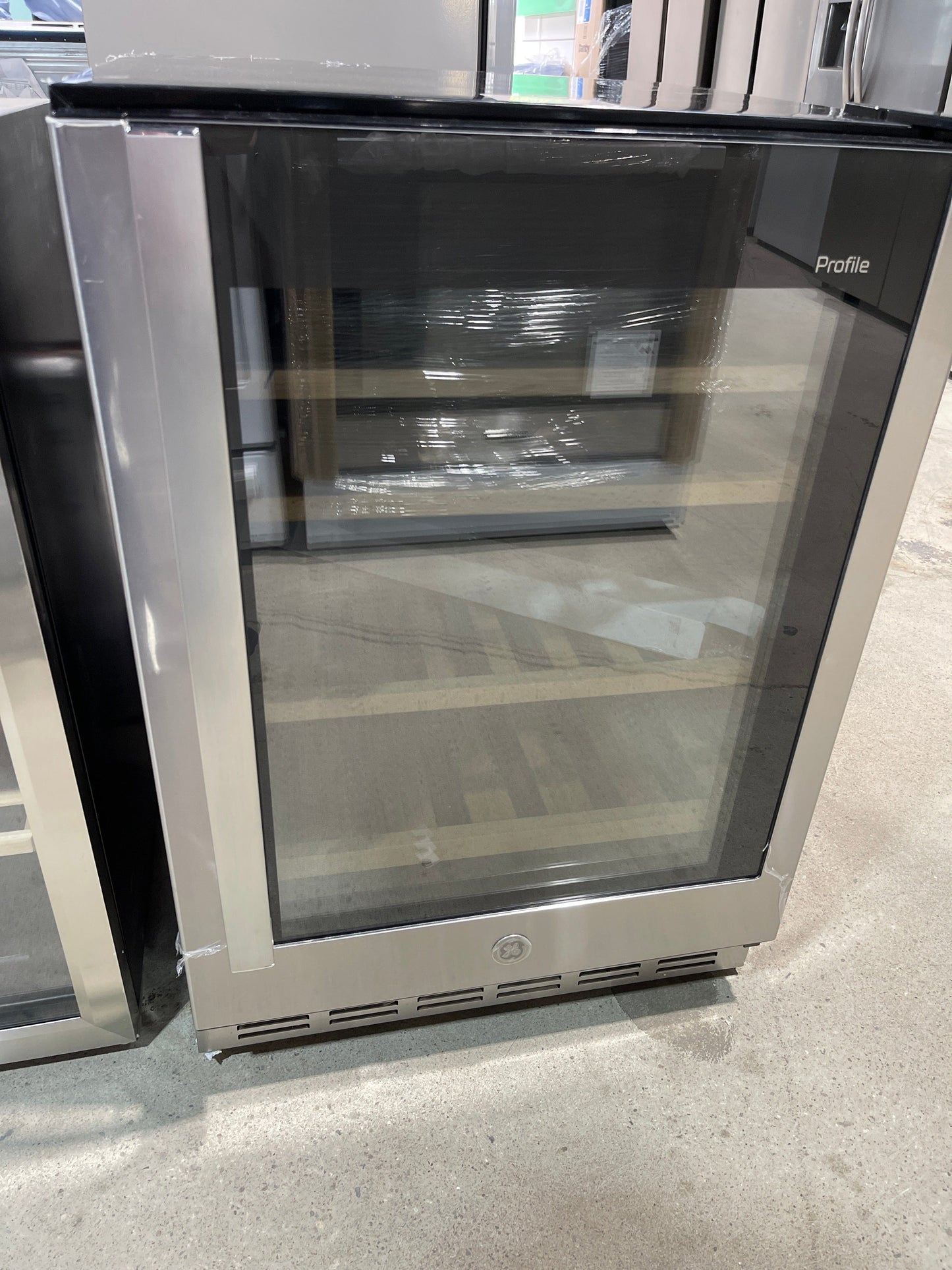 GE Profile PVS06BSPSS Beverage Center, 24 inch Width, Custom Panel Ready, Stainless Steel color Spill proof Glass Shelves, Beechwood Front Wine Racks
