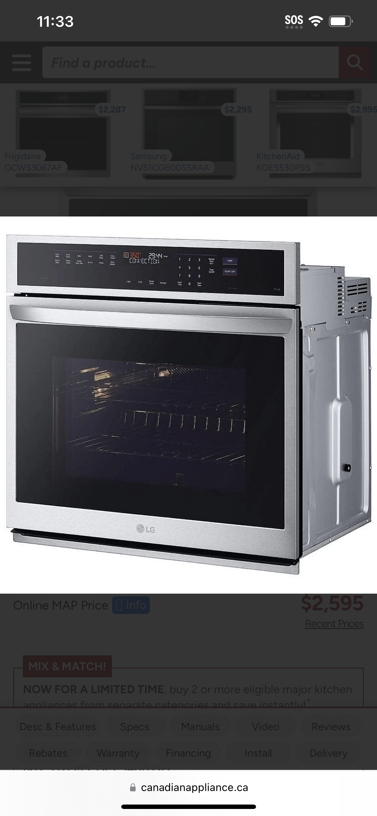 LG WSEP4727F Single Wall Oven, 30 inch Exterior Width, True Convection, Self Clean, 4.7 cu. ft. Capacity, Temperature Probe, Wifi Enabled, Air Fry, Stainless Steel colour Air Fry, True European Convection