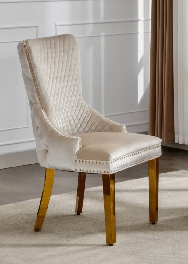 Ceramic Marble Top With Stainless Gold Legs
Creme Velvet Dining Chair with Large Knocker,