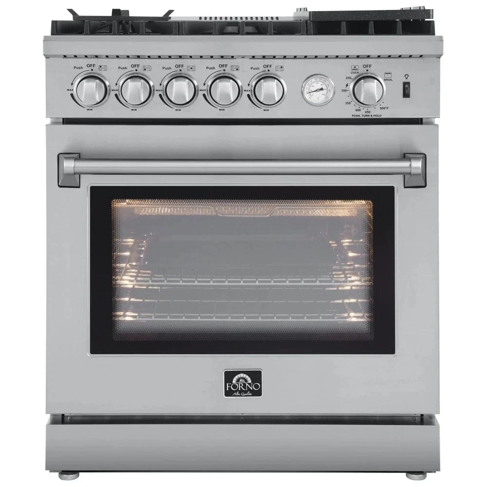 Forno FFSGS6276-30 Gas Range, 4.32 cu. ft. Capacity, 30 inch Exterior Width, Convection, 5 Burners, Air Fry, 19,000 BTU Highest Burner, Stainless Steel color