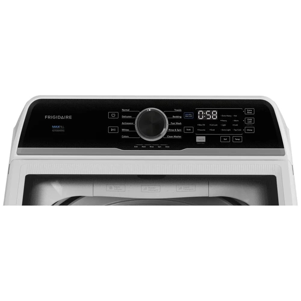 Frigidaire FLVW7523BW Top Load Washer, ENERGY STAR Certified, 5.1 cu. ft. Washer Capacity, 10 Wash Cycles, 5 Temperature Settings, 710 RPM Washer Spin Speed, Agitator, White color No Delay Start Function