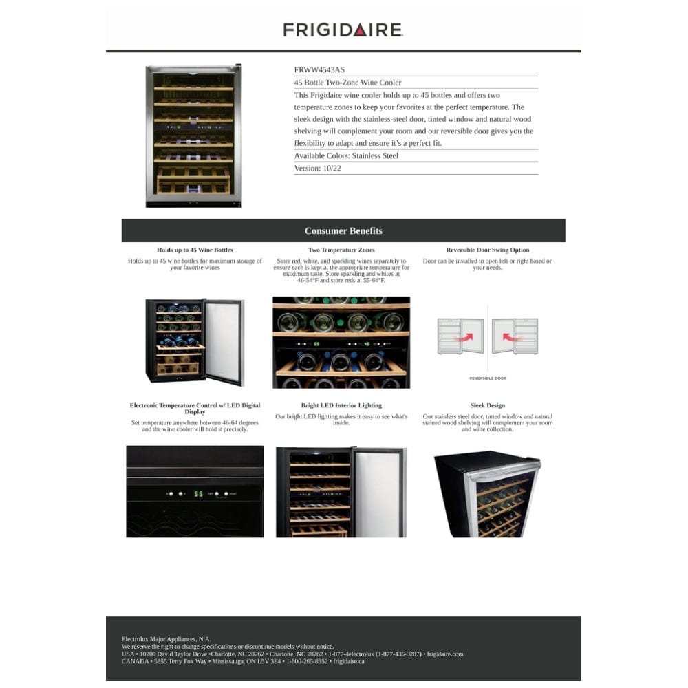 Frigidaire FRWW4543AS Wine Cooler, 21 inch Width, 45 Wine Bottle Capacity, Stainless Steel color Dual Zone