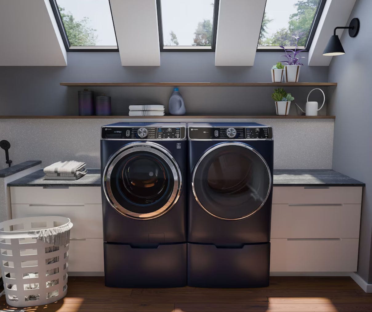 GE Profile PFW870SPVRS Front Load Washer, 28 inch Width, ENERGY STAR Certified, 6.1 cu. ft. Capacity, Steam Clean, 12 Wash Cycles, 5 Temperature Settings, Stackable, 1300 RPM Washer Spin Speed, Water Heater, Wifi Enabled, Sapphire blue colour