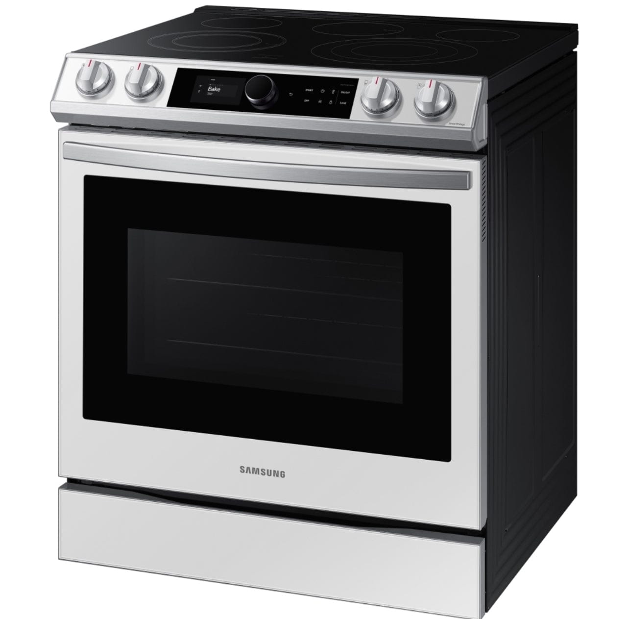 Samsung Bespoke NE63BB871112AC Electric Range, 30 inch Exterior Width, Self Clean, Convection, 5 Burners, 6.3 cu. ft. Capacity, Storage Drawer, Air Fry, 1 Ovens, White Glass colour Smart Dial, Temperature Probe, True European Convection, Illuminated Knobs