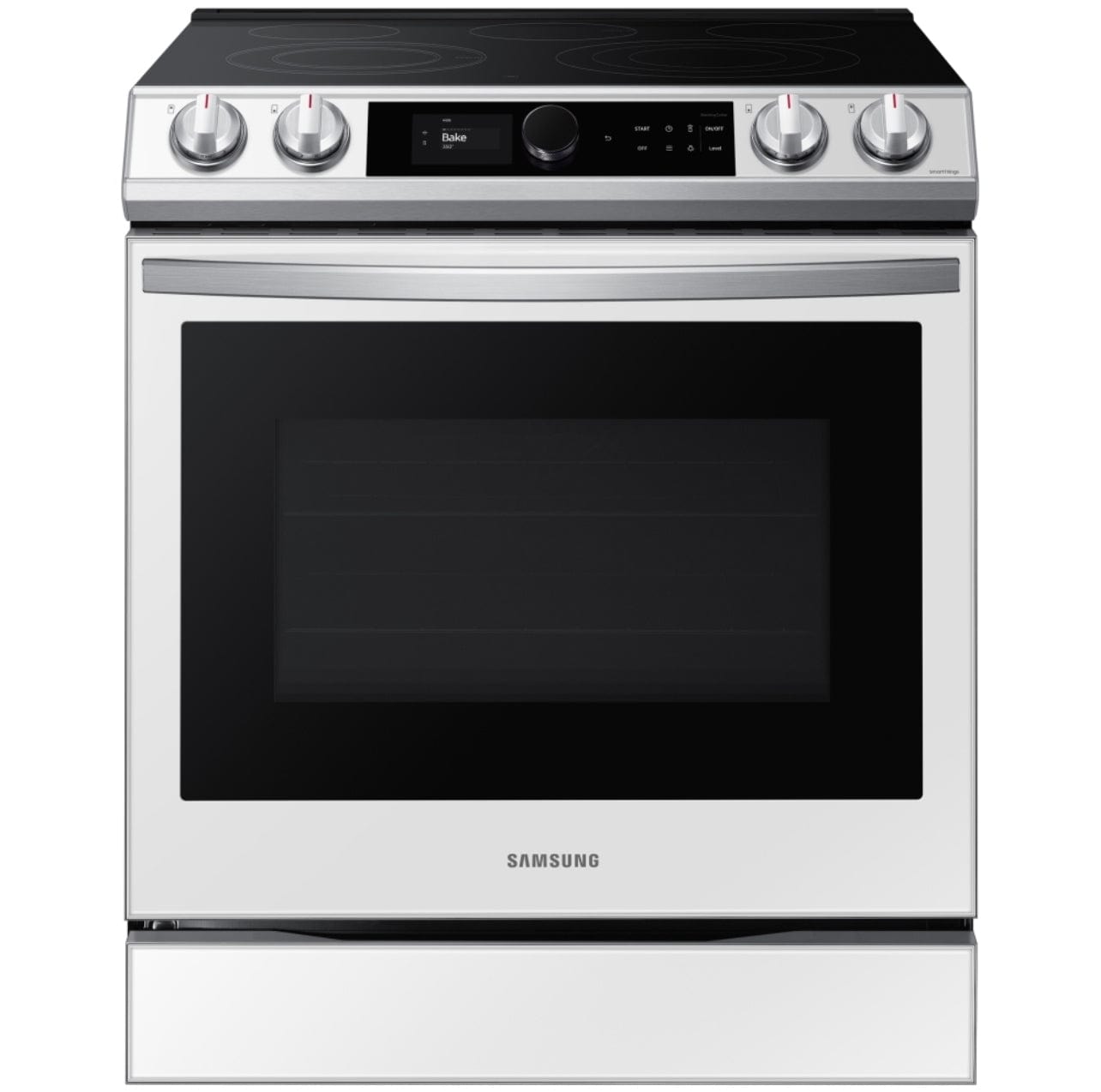 Samsung Bespoke NE63BB871112AC Electric Range, 30 inch Exterior Width, Self Clean, Convection, 5 Burners, 6.3 cu. ft. Capacity, Storage Drawer, Air Fry, 1 Ovens, White Glass colour Smart Dial, Temperature Probe, True European Convection, Illuminated Knobs