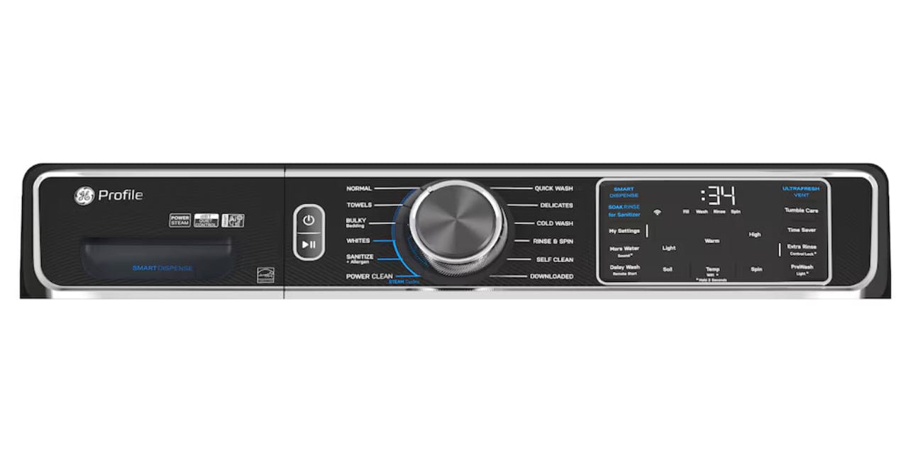 GE Profile PFW870SPVRS Front Load Washer, 28 inch Width, ENERGY STAR Certified, 6.1 cu. ft. Capacity, Steam Clean, 12 Wash Cycles, 5 Temperature Settings, Stackable, 1300 RPM Washer Spin Speed, Water Heater, Wifi Enabled, Sapphire blue colour