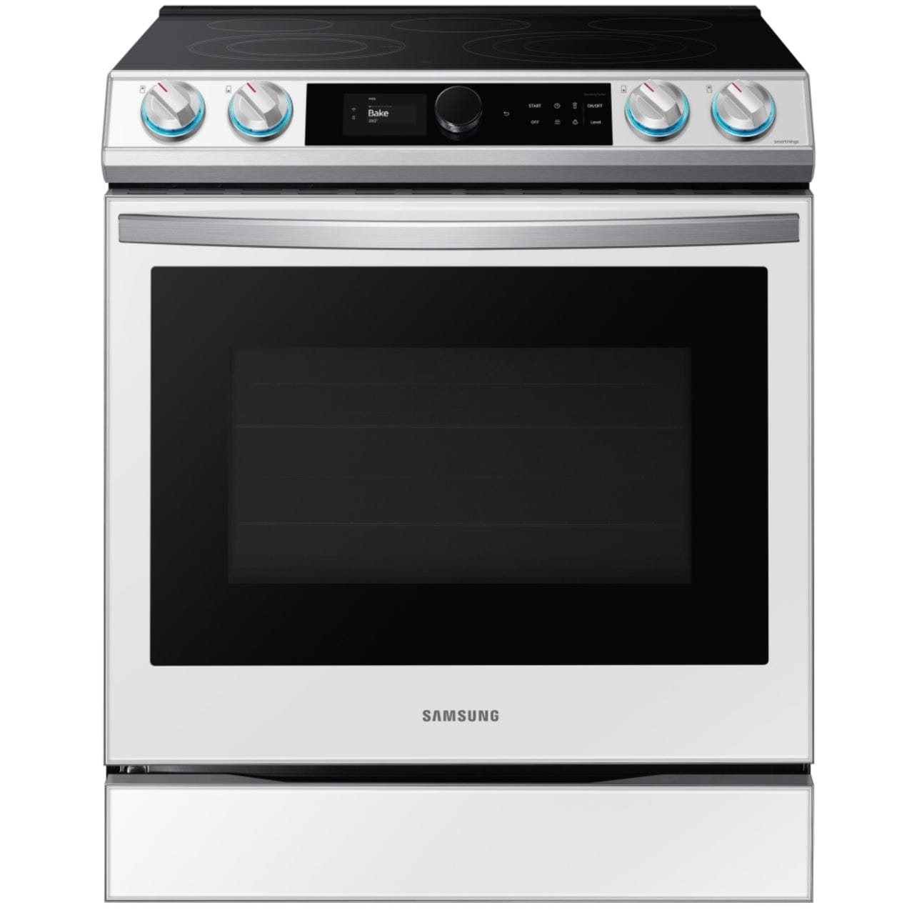 Samsung Bespoke NE63BB871112AC Electric Range, 30 inch Exterior Width, Self Clean, Convection, 5 Burners, 6.3 cu. ft. Capacity, Storage Drawer, Air Fry, 1 Ovens, White Glass colour Smart Dial, Temperature Probe, True European Convection, Illuminated Knobs