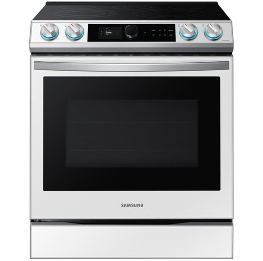 Samsung Bespoke NE63BB871112AC Electric Range, 30 inch Exterior Width, Self Clean, Convection, 5 Burners, 6.3 cu. ft. Capacity, Storage Drawer, Air Fry, 1 Ovens, White Glass colour Smart Dial, Temperature Probe, True European Convection, Illuminated Knobs