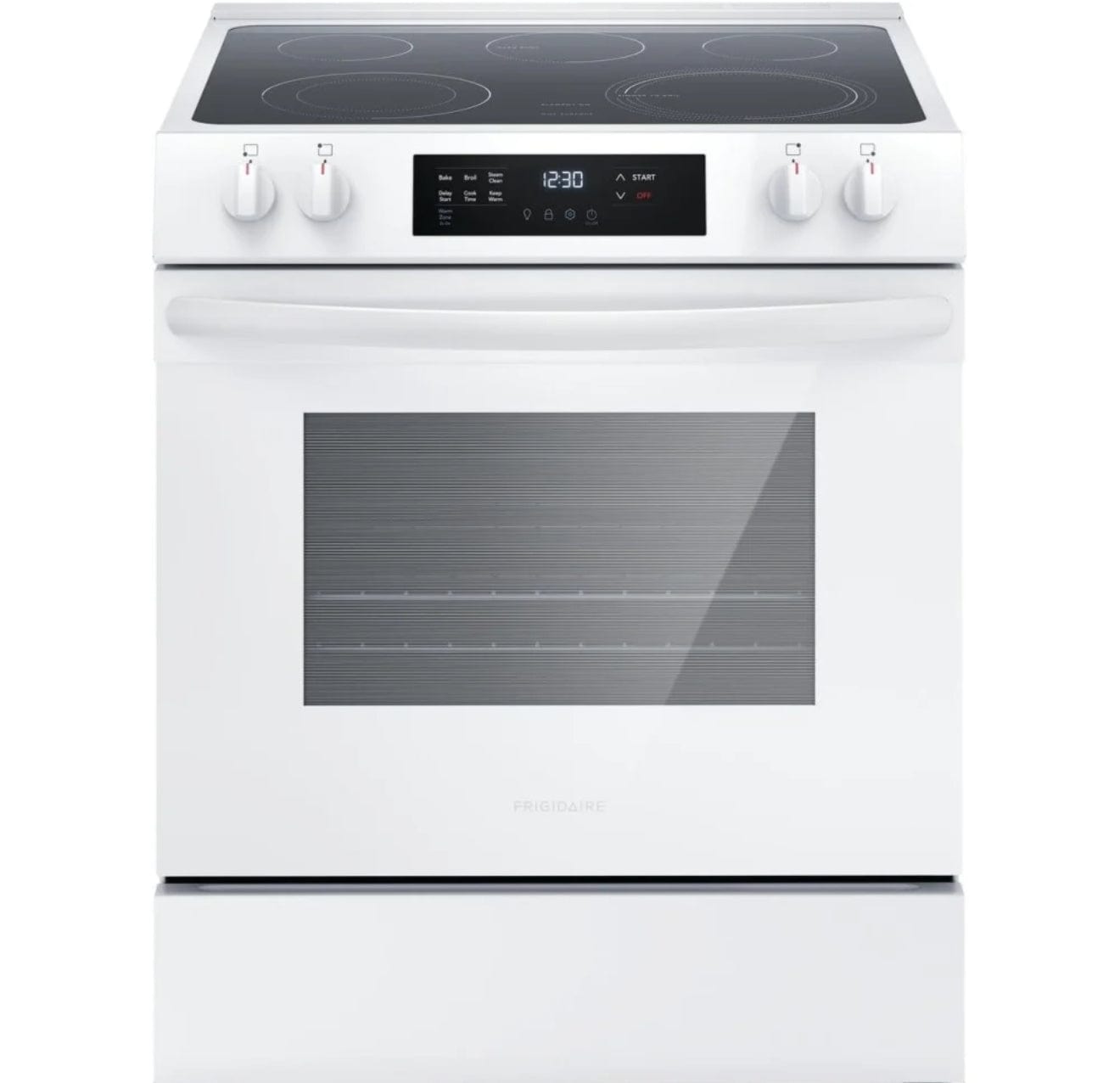 Frigidaire FCFE306CAW Electric Range, 5 cu. ft. Capacity, 30 inch Exterior Width, 5 Burners, Storage Drawer, 3,200 Watts Highest Burner Element, White colour