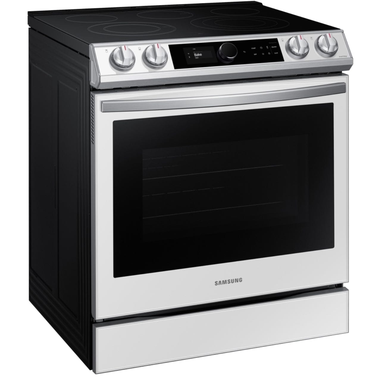 Samsung Bespoke NE63BB871112AC Electric Range, 30 inch Exterior Width, Self Clean, Convection, 5 Burners, 6.3 cu. ft. Capacity, Storage Drawer, Air Fry, 1 Ovens, White Glass colour Smart Dial, Temperature Probe, True European Convection, Illuminated Knobs