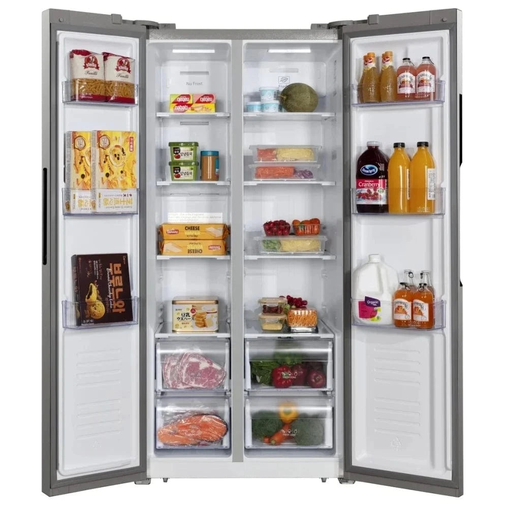Hamilton Beach HBF1558 Side by Side Refrigerator, 33 inch Width, Counter Depth, 15.6 cu. ft. Capacity, Stainless Look (VCM) color