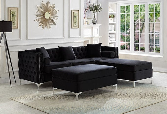 IF-9282 IF-9283 - Black Velvet Reversible Sofa Sectional With Deep Tufting and nail head Details, Chrome legs and Accent Pillows.