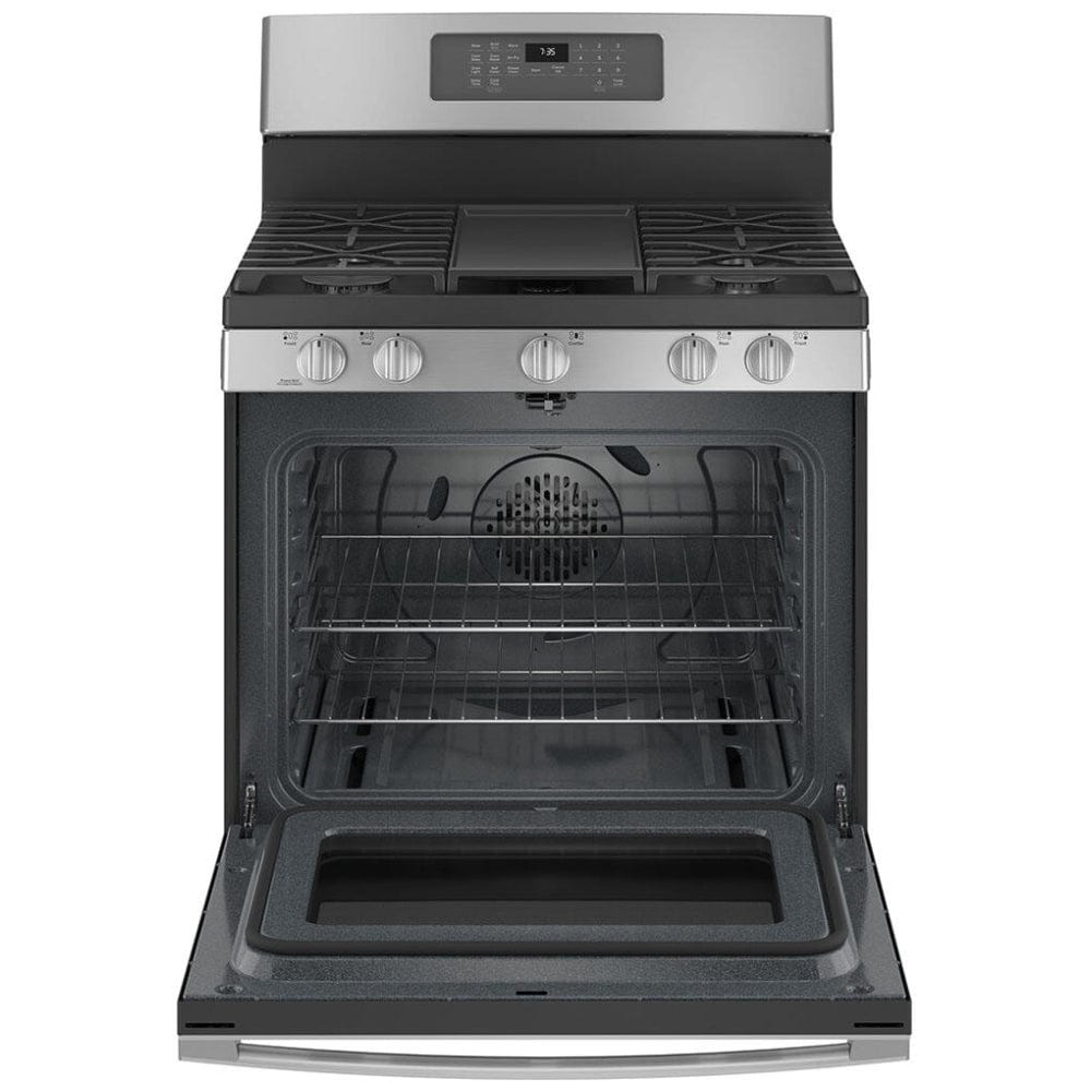 GE JCGB735SPSS Gas Range, 5 cu. ft. Capacity, 30 inch Exterior Width, Self Clean, Convection, 5 Burners, Storage Drawer, Air Fry, 18,000 BTU Highest Burner, Stainless Steel color RF