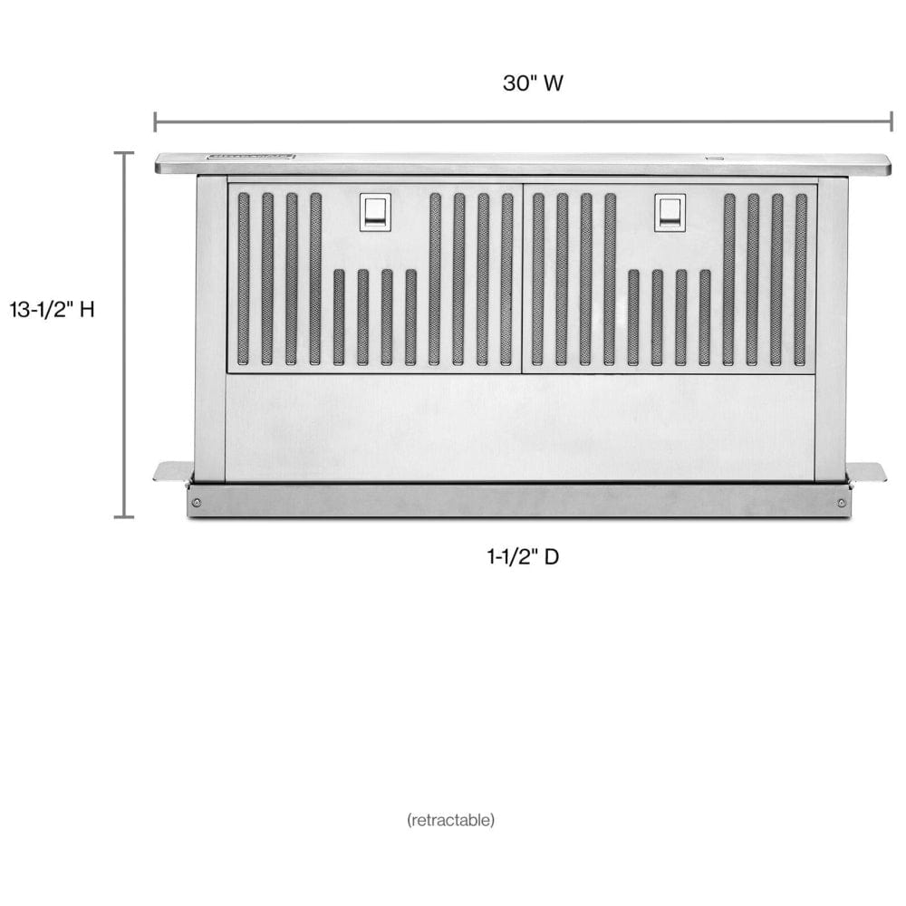 KitchenAid KXD4630YSS Downdraft, 30" Exterior Width, 600 CFM, Outside / Ducting, NA, Dishwasher Safe Filters, Aluminum Mesh, Stainless Steel colour Blower Included
