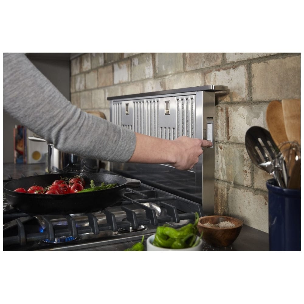 KitchenAid KXD4630YSS Downdraft, 30" Exterior Width, 600 CFM, Outside / Ducting, NA, Dishwasher Safe Filters, Aluminum Mesh, Stainless Steel colour Blower Included