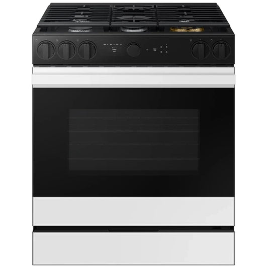 Samsung Bespoke NSG6DB870012AA Gas Range, 6 cu. ft. Capacity, 30 inch Exterior Width, Self Clean, True Convection, 5 Burners, Air Fry, 23,000 BTU Highest Burner, White Glass, Griddle, Wok Ring, Temperature Probe, True European Convection